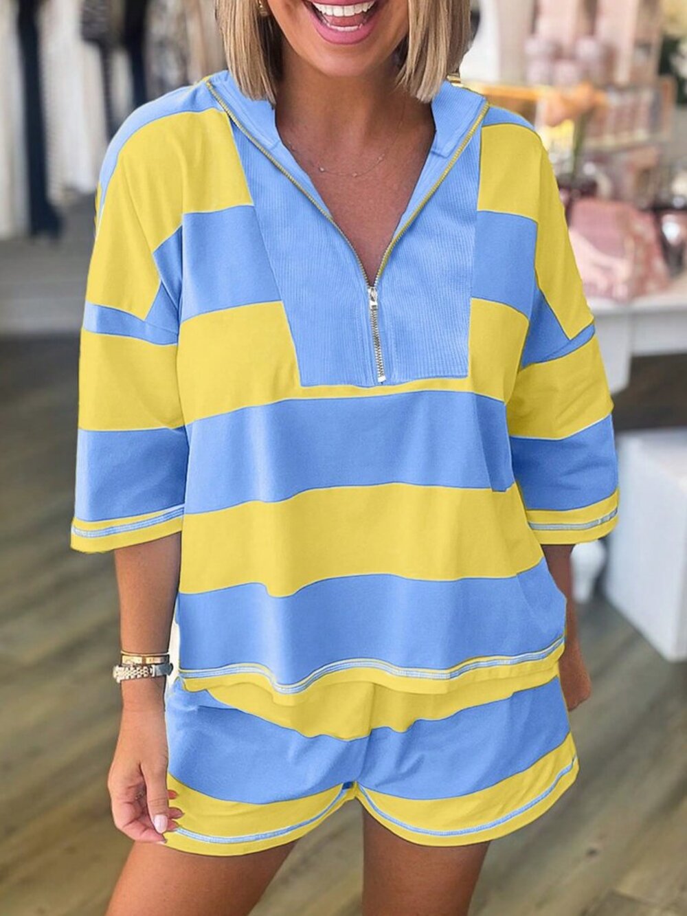 Yellow Casual Women's Light Striped Collared Quarter-Zip Top and Shorts Set - Picture 1 of 9